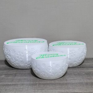(3) Christmas Mixing Serving Nesting Bowls w/ Lids White Snowflakes 3D Printed